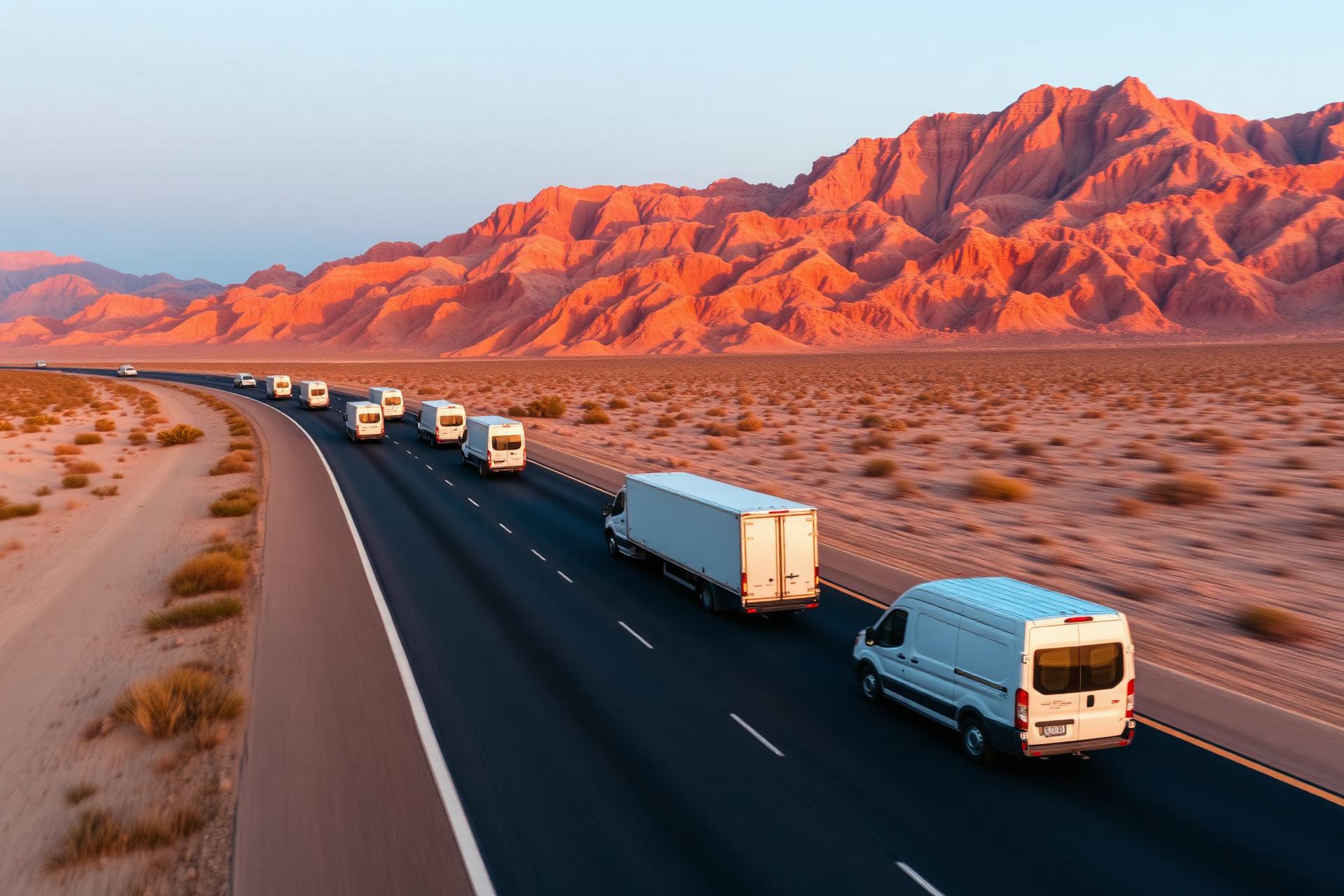 Fleet of Enhance Logistics delivery vans on a Southwest desert highway